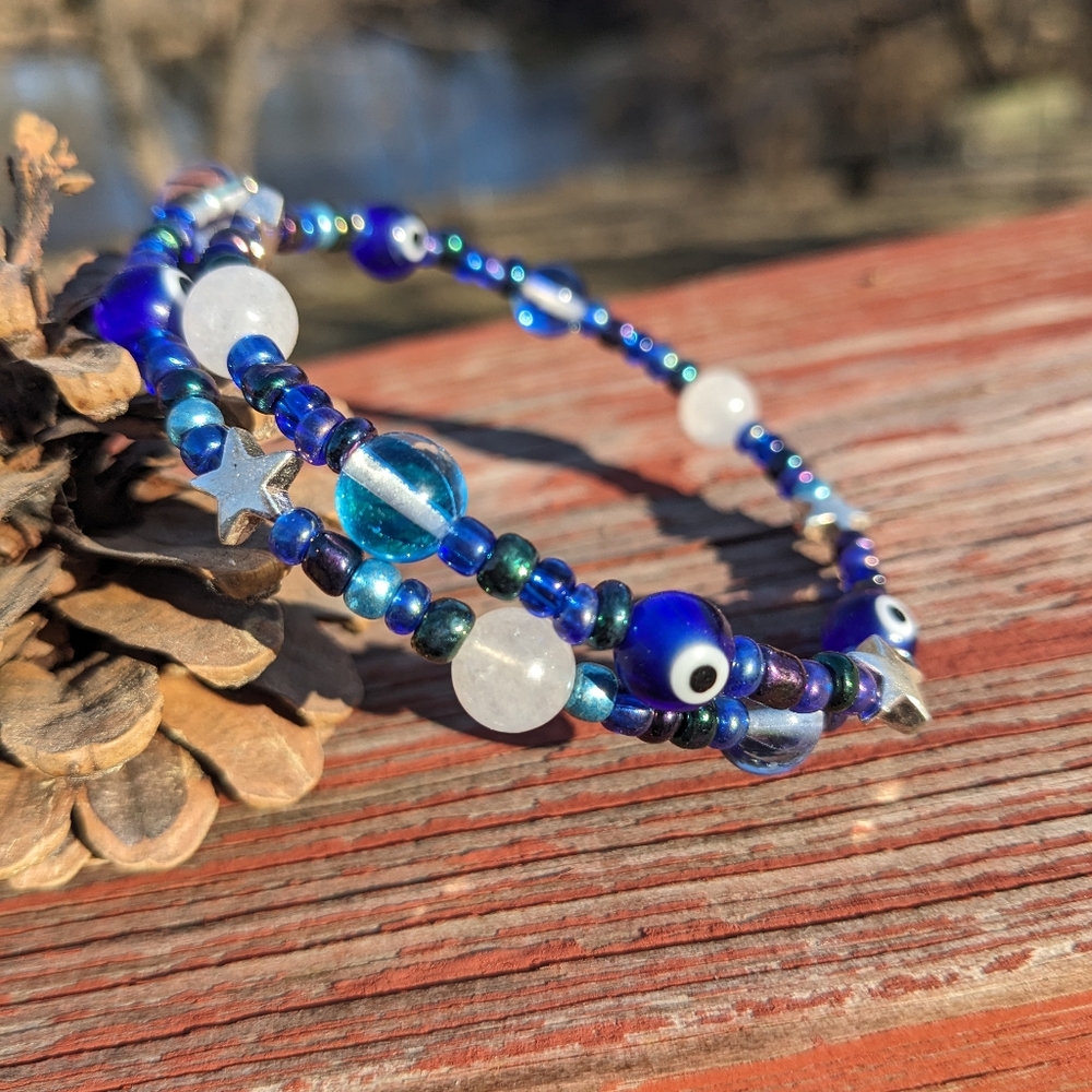 Blue Evil Eye Crackle Quartz Silver Hematite Star Beaded Bracelet
